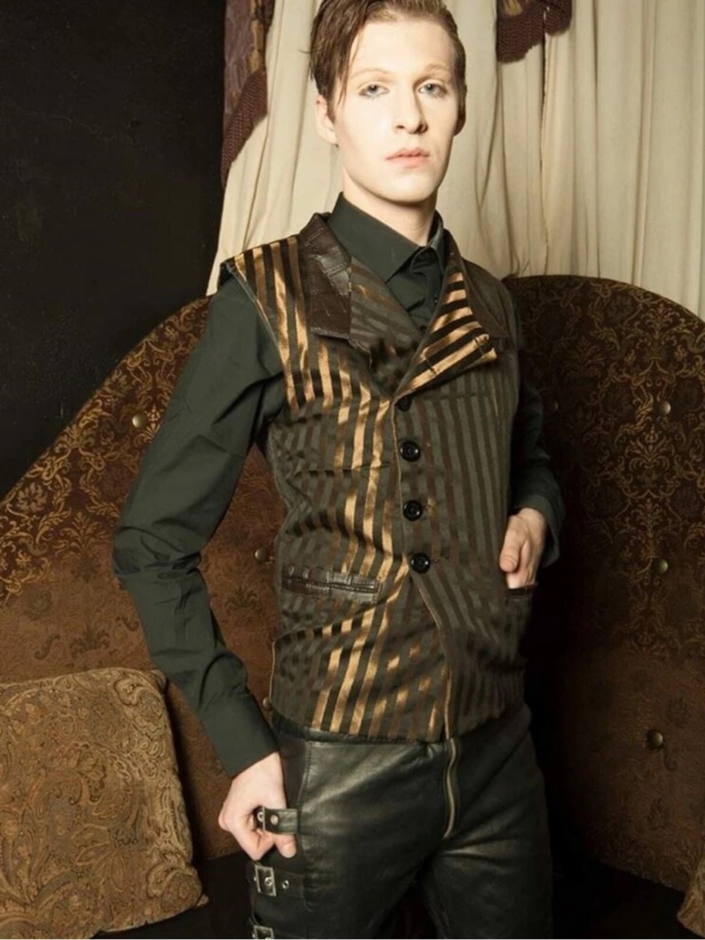 Hilary's Vanity Brown/Black Striped Gothic Emo Vampire Metallic Leather Vest S
